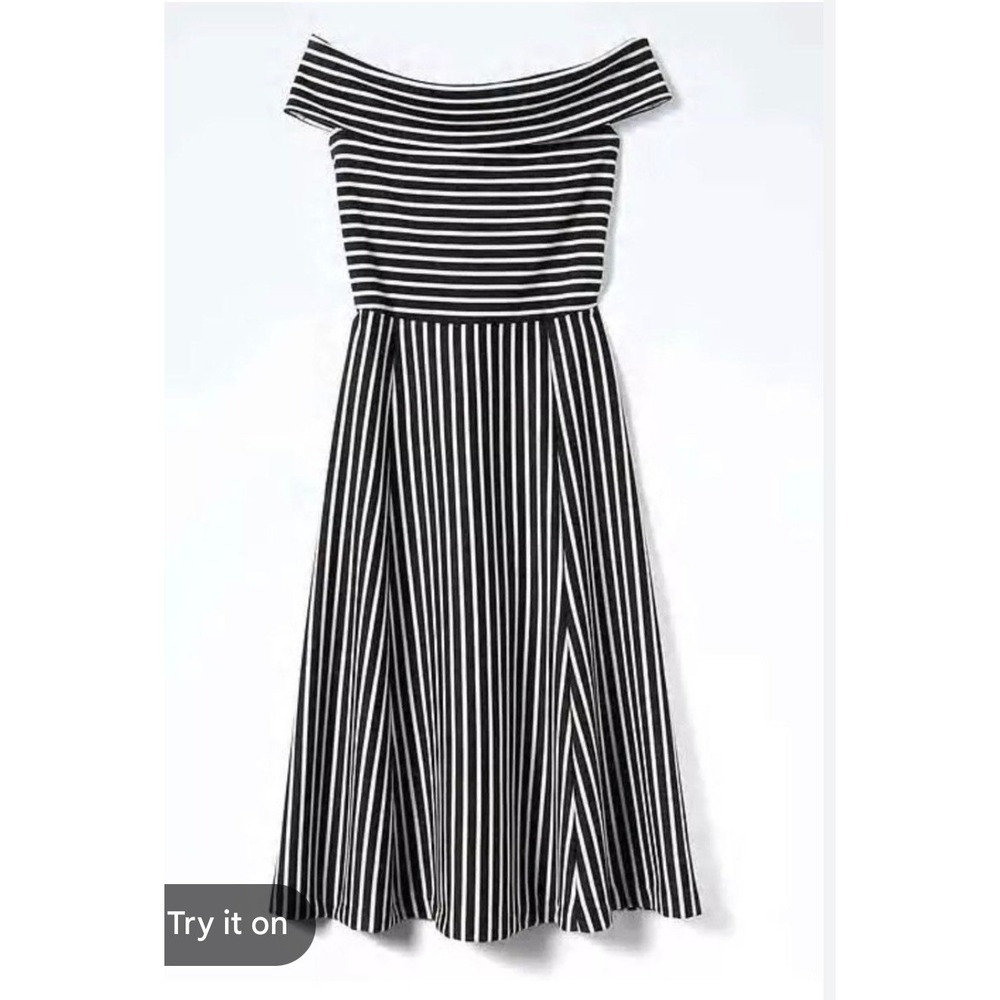 Banana‎ Republic Striped Off The Shoulder Midi Fit Flare Dress Navy White Size 8